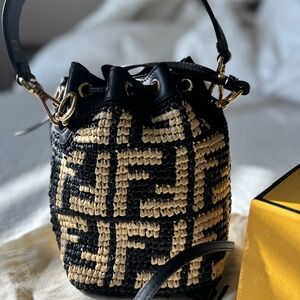 Fendi Black and Beige Raffia Bucket Shoulder Crossbody Bag